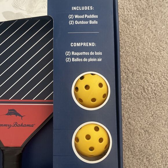 Tommy Bahama Pickleball Set 2-Blue & Red Wooden Paddles 2-Yellow Game Balls NEW - Picture 5 of 7